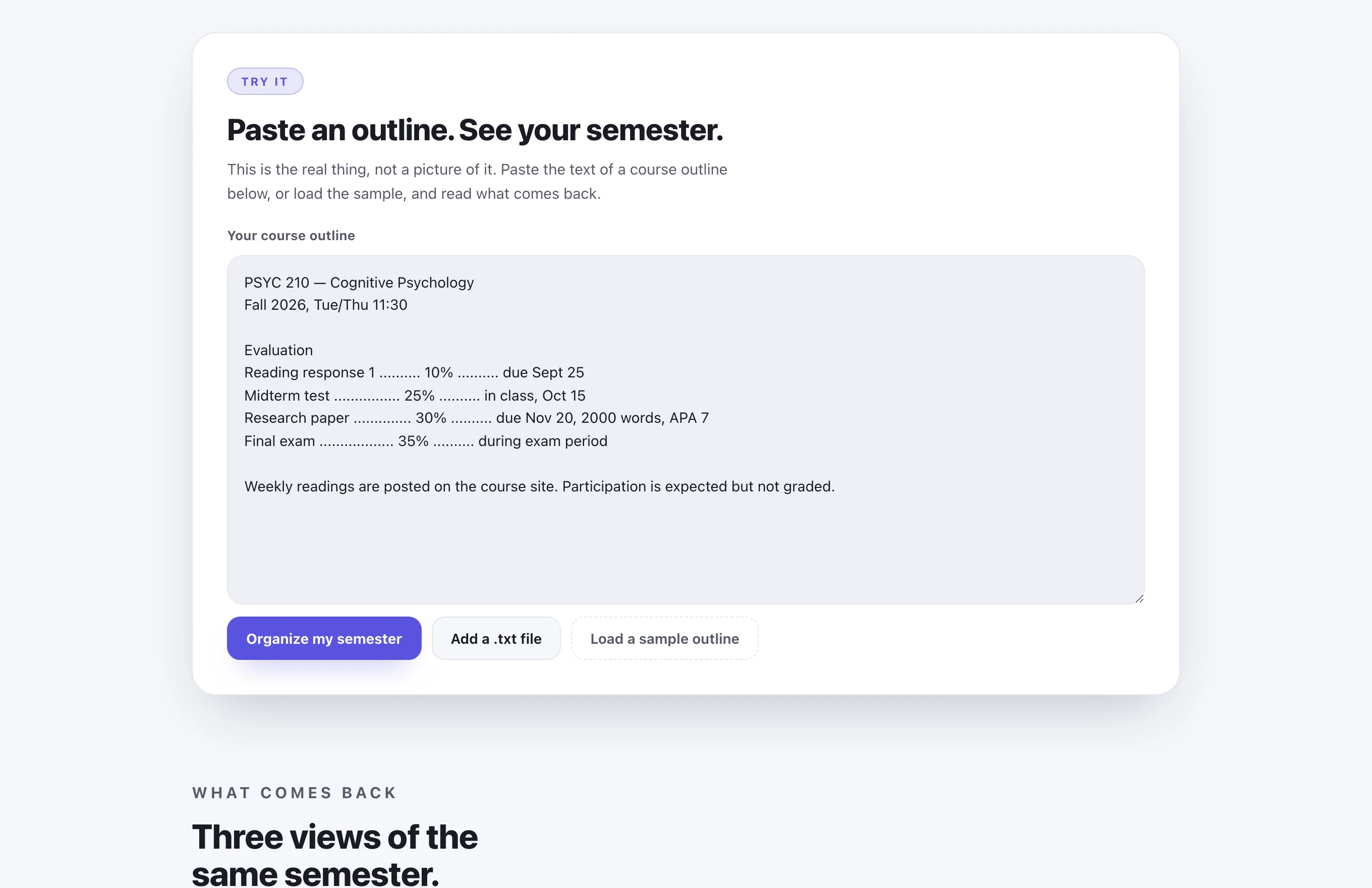 The paste box holding a real course outline: a grading table listing a reading response at ten percent, a midterm at twenty five, a research paper at thirty, and a final exam at thirty five.